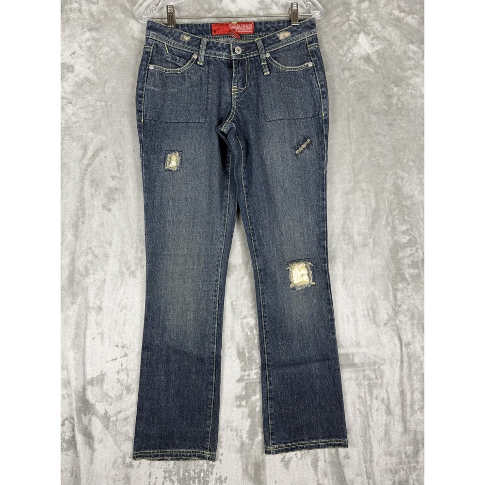 GUESS Jeans Womens Bootcut Denim Pants Distressed Patches Medium Wash Size‎ 28